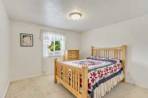 Carpeted bedroom featuring a textured ceiling