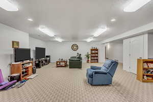 Living room featuring a textured ceiling and light carpet