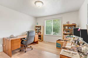 Home office featuring light hardwood / wood-style flooring and a textured ceiling