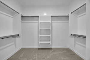 Walk in closet with carpet floors