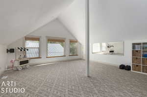 Additional living space with carpet, a textured ceiling, and lofted ceiling