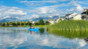 Water view with a mountain view