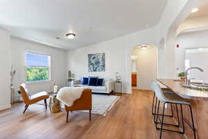 Living room with sink and light hardwood / wood-style flooring