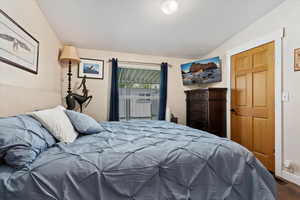 Bedroom featuring lofted ceiling