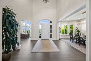 Entryway with dark hardwood / wood-style floors, a notable chandelier, and a towering ceiling