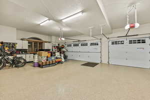 Garage featuring a workshop area and a garage door opener