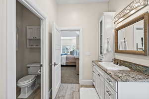 Bathroom with wood-type flooring, toilet, and vanity