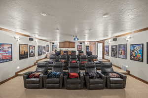 Cinema featuring light colored carpet, ornamental molding, and a textured ceiling