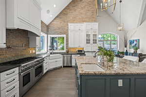 Kitchen with a wealth of natural light, appliances with stainless steel finishes, backsplash, and dark hardwood / wood-style floors