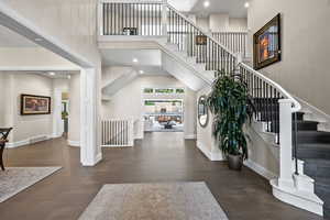 Foyer with a high ceiling and dark hardwood / wood-style flooring