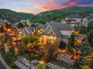 Aerial view at dusk with a mountain view