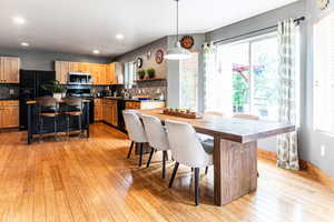 Dining room with sink and light wood-type flooring