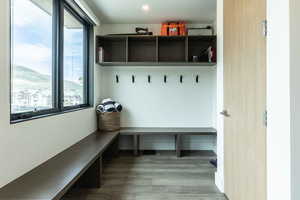 Mudroom with a wealth of natural light and hardwood / wood-style floors