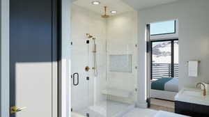 Bathroom featuring wood-type flooring, sink, and an enclosed shower