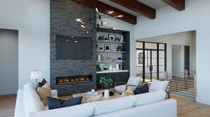 Living room with light hardwood / wood-style flooring, beam ceiling, a fireplace, built in shelves, and a high ceiling