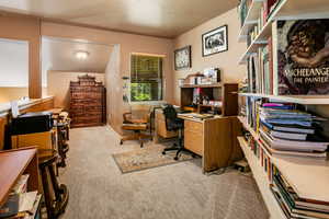 Office featuring a textured ceiling and carpet flooring