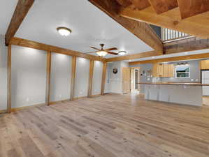 Unfurnished living room featuring ceiling fan, sink, and light hardwood / wood-style flooring