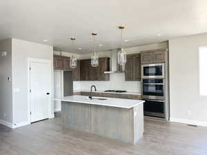 Kitchen with stainless steel appliances, a sink, light countertops, wall chimney range hood, and decorative backsplash