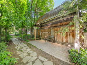 patio with covered sitting area.