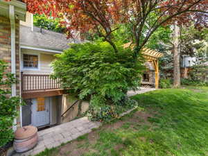 Basement entrance , and view of terrace with pergola.