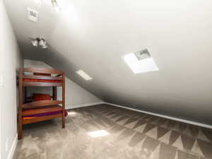 Vaulted area of 2nd floor bedroom with skylights and carpet