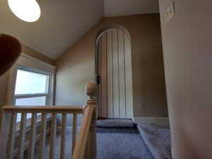 Stairs with lofted ceiling and carpet flooring