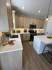 Kitchen with light brown cabinets, dark hardwood / wood-style floors, tasteful backsplash, sink, and stainless steel appliances