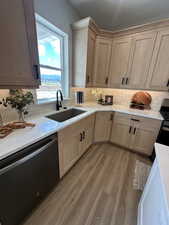 Kitchen featuring light brown cabinets, backsplash, light hardwood / wood-style floors, sink, and stainless steel appliances