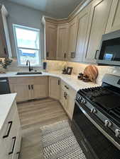 Kitchen featuring sink, decorative backsplash, light hardwood / wood-style floors, light brown cabinets, and stainless steel appliances