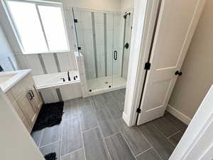 Bathroom featuring independent shower and bath and vanity