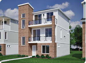 Contemporary home featuring a front yard and a balcony