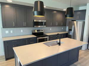 Kitchen featuring light hardwood / wood-style floors, tasteful backsplash, stainless steel appliances, hanging light fixtures, and sink