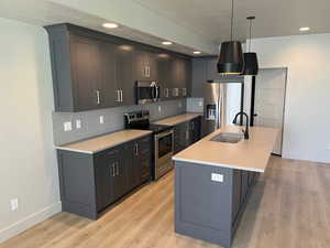 Kitchen featuring appliances with stainless steel finishes, sink, backsplash, and light hardwood / wood-style flooring