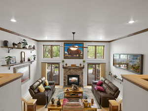 Living room featuring plenty of natural light, light hardwood floors, and a fireplace