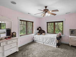 Bedroom featuring ceiling fan, multiple windows, and dark carpet