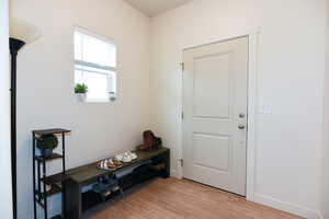 Foyer entrance with light wood-type flooring