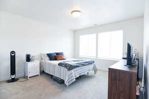 Bedroom featuring light carpet