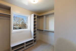 Walk in closet featuring carpet