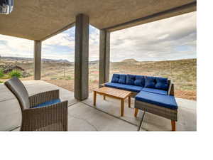 View of terrace with outdoor lounge area and a mountain view