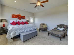 Carpeted bedroom with ceiling fan