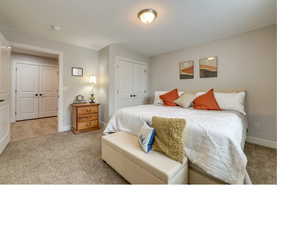 Carpeted bedroom featuring a closet