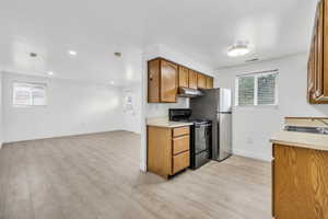 Kitchen with a healthy amount of sunlight, sink, range with electric cooktop, and light wood-type flooring