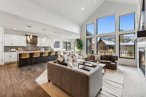 Living room with high vaulted ceiling, sink, a wealth of natural light, and light hardwood / wood-style flooring