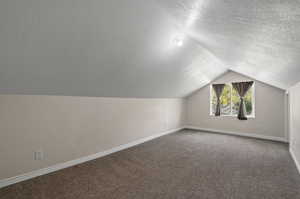 Bonus room featuring lofted ceiling, carpet flooring, and a textured ceiling