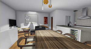 Interior space with wall chimney range hood, sink, tasteful backsplash, and wood-type flooring