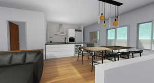 Dining room with sink and light wood-type flooring