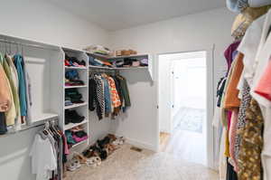 Walk in closet featuring carpet flooring