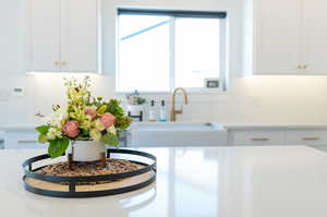 Details featuring white cabinetry and sink