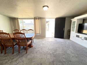 Carpeted dining room with a textured ceiling