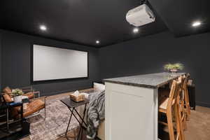 Home theater room with light carpet